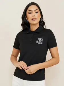 Styli Black Embroidered Detail Short Sleeves Polo Collar T-shirt