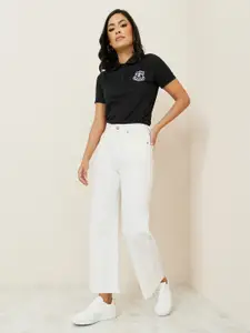 Styli Black Embroidered Detail Short Sleeves Polo Collar T-shirt