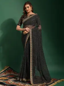 Anouk Black & White Printed Sequinned Pure Georgette Bandhani Saree