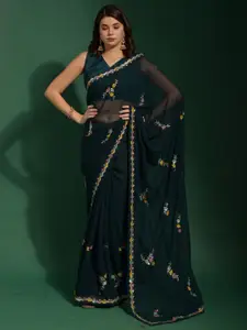 Anouk Teal & Purple Floral Embroidered Sequinned Pure Georgette Saree