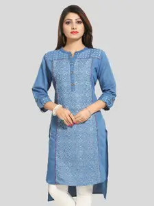 keshubaba Floral Printed Mandarin Collar Roll-Up Sleeves Denim Kurta