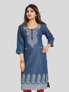 keshubaba Floral Printed Roll-Up Sleeves Cotton Straight Kurta