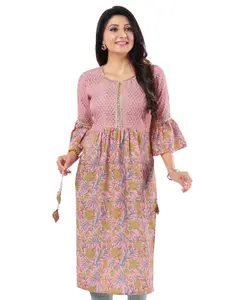 keshubaba Floral Printed Bell Sleeves Gotta Patti Straight Kurta