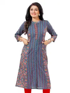 keshubaba Floral Printed Mandarin Collar Cotton Straight Kurta