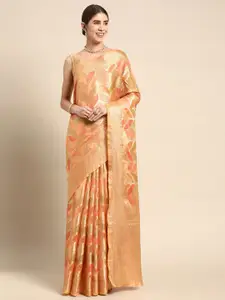 Mitera Peach Floral Woven Design Zari Saree