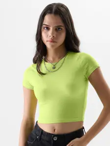 The Souled Store Green Slim Fit Crop Casual T-Shirt