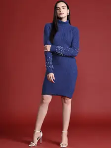 all about you Self Design Turtle Neck Above Knee Sweater Hybrids Jumper Dress