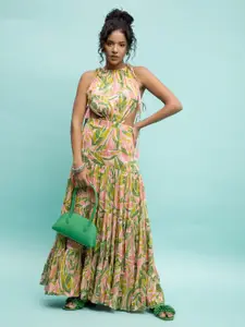 Dee Monash Tropical Printed Halter Neck Cut-Out Detail Tiered A-Line Maxi Dress