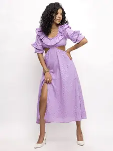 Dee Monash Self Design Schiffli Ruffles Cut Out Pure Cotton Fit & Flare Midi Dress