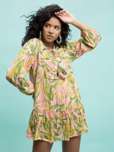 Dee Monash Tropical Print Puff Sleeves A-Line Mini Dress with Ruffled Detail