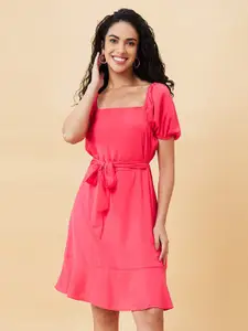 Globus Pink Square Neck Puff Sleeves Fit & Flare Dress