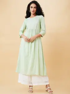 Globus Green Ethnic Motifs Yoke Design Thread & Mirror Work Pure Cotton A-Line Kurta