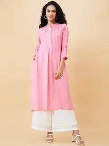 Globus Pink Striped Thread Work Mandarin Collar Kurta