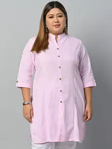 Vastraa Fusion Plus Size Mandarin Collar Roll-Up Sleeve Pure Cotton Straight Kurta