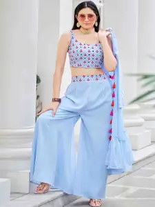 Mitera Blue Embroidered Top With Palazzo & With Shrug
