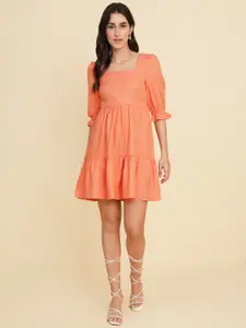 HOUSE OF KKARMA Square Neck Puff Sleeve Fit & Flare Dress