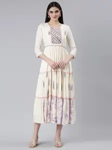 Neerus Abstract Printed Embellished Tiered Ethnic Dress