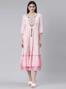 Neerus Floral Printed Embroidered Detail Cotton A-Line Ethnic Midi Dress