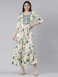 Neerus Floral Printed Embellished Tiered A-Line Ethnic Dress