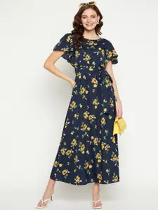 Fashfun Floral Printed Flutter Sleeve Crepe Maxi Dress