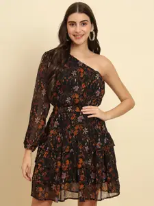 Trend Arrest Floral Printed One Shoulder Puff Sleeves Layered Georgette Fit & Flare Dress