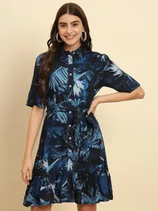 Trend Arrest Blue Tropical Printed Shirt Dress with Belt