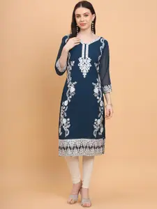 HERE&NOW Teal Ethnic Motifs Embroidered Georgette Kurta