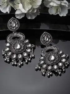 ADIVA Silver-Plated Kundan-Studded Oxidised Contemporary Drop Earrings