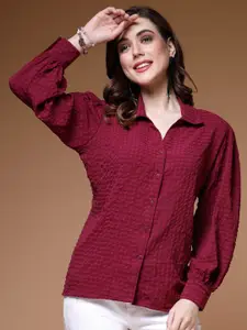 plusS Self Design Spread Collar Long Sleeve Casual Shirt