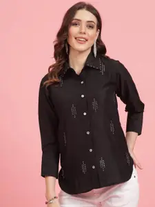 plusS Charcoal Embellished Spread Collar Casual Shirt