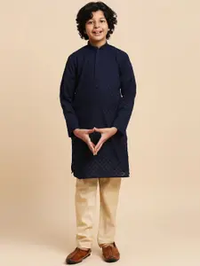 RAJUBHAI HARGOVINDAS Boys Chikankari Embroidered Mandarin Collar Long Sleeve Cotton Kurta