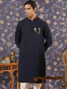 House of Pataudi Striped Mandarin Collar A-Line Kurta With Trouser