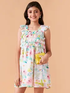 Cherry & Jerry Girls Floral Printed Square Neck Sleeveless Ruffled A-line Mini Dress