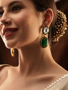 Rubans Gold Plated Emerald Crystal Teardrop Shaped Drop Earrings