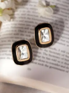 Rubans 18K Gold-Plated Black Enamel Framed Crystal Zirconia Stud Earrings