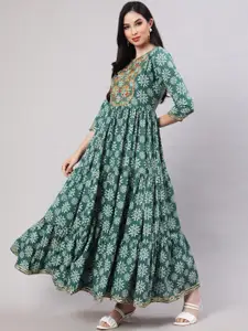 GLAM ROOTS Ethnic Motifs Printed Embroidered Tiered Fit & Flare Ethnic Dress