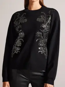 Ted Baker Embroidered Round Neck Long Sleeves Embellished Pullover Sweaters