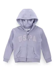 U.S. Polo Assn. Kids Girls Typography Printed Hooded Pure Cotton Open Front Sweatshirt