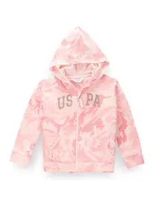 U.S. Polo Assn. Kids Girls Typography Printed Pure Cotton Hooded Front-Open Sweatshirt