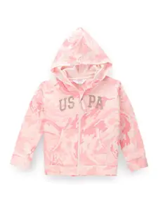 U.S. Polo Assn. Kids Girls Abstract Printed Hooded Pure Cotton Front Open Sweatshirt