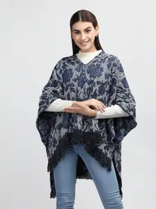 Rage Floral Printed V-Neck Extended Sleeves Poncho Sweaters