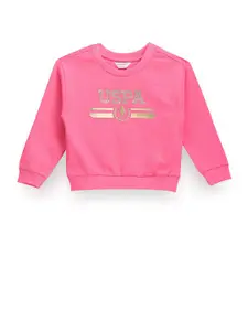 U.S. Polo Assn. Kids Girls Typography Printed Pure Cotton Pullover Sweatshirt