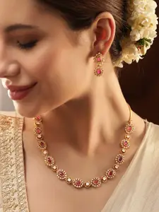 Rubans 22K Gold-Plated Ruby Pink Kundan & White Zirconia Studded Classic Necklace Set