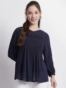 Beverly Hills Polo Club Self Design Round Neck Puff Sleeve Gathered Regular Top