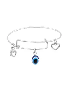 Mahi Rhodium-Plated Evil Eye And Heart Charms Adjustable Bracelet