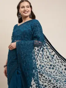 all about you Blue Floral Embroidered Net Saree