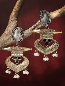 Sanjog Dual Toned Oxidized German Silver Stone Studded Tribal Drop Earrings
