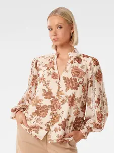 Forever New Floral Printed Mandarin Collar Puff Sleeves Shirt Style Top