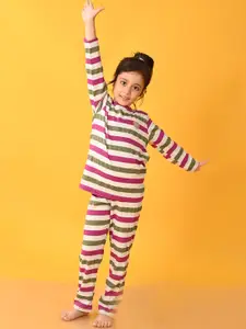 Anthrilo Girls Striped Round Neck Long Sleeve Night suits