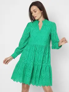 Vero Moda Mandarin Collar Schiffli Cuffed Sleeves Cotton Dress
